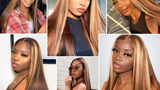 Perucas de Cabelo Humano West Kiss: Naturalidade e Estilo com HD Lace Colagem de fotografias mostrando diferentes mulheres a usar perucas de cabelo humano da West Kiss Hair com estilo liso e madeixas loiras (highlights), destacando o acabamento natural da renda frontal e a versatilidade dos tons morena iluminada.