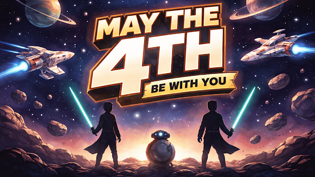 Dia de Star Wars – May the 4th Ilustração espacial inspirada no Dia de Star Wars com o texto “May the 4th be with you”, personagens com espadas de luz, naves futuristas e planetas num céu cheio de estrelas.