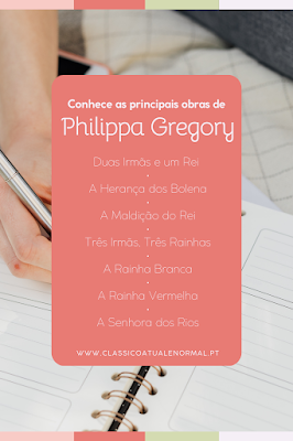 Guia de Livros Essenciais de Philippa Gregory Infográfico com fundo coral sobre a imagem de uma mão a escrever num planeador. O texto diz: 'Conhece as principais obras de Philippa Gregory' e lista os títulos: Duas Irmãs e um Rei, A Herança dos Bolena, A Maldição do Rei, Três Irmãs, Três Rainhas, A Rainha Branca, A Rainha Vermelha e A Senhora dos Rios.