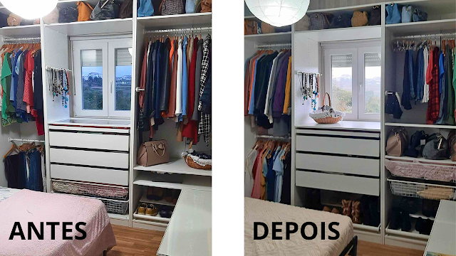 Antes e Depois: Organização de Closet no Outono Comparação lado a lado do closet antes e depois da reorganização de outono, mostrando gavetas reposicionadas, nova disposição da roupa e arrumação mais funcional.