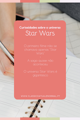 Curiosidades sobre o universo Star Wars Gráfico com curiosidades sobre o universo Star Wars, incluindo factos sobre o primeiro filme da saga, a possibilidade de a história nunca ter acontecido e a dimensão do universo da franquia.
