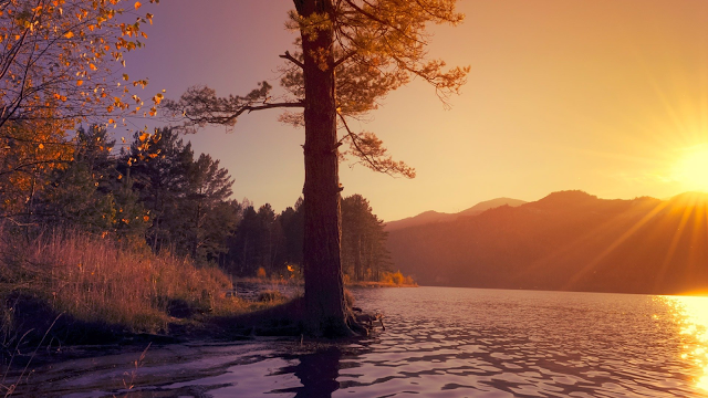 A serenidade da natureza ao pôr do sol Pôr do sol sobre um lago tranquilo rodeado por árvores e montanhas, transmitindo paz e ligação com a natureza.