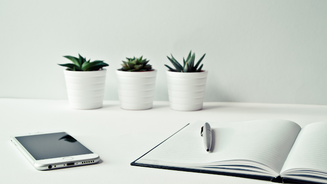 Desafio 52 Semanas de Organização – Planeamento e Inspiração Mesa minimalista com caderno aberto, caneta, smartphone e vasos de suculentas, simbolizando planeamento e organização pessoal.