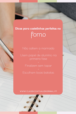 Dicas para costelinhas perfeitas no forno Imagem com dicas para fazer costelinhas no forno perfeitas, incluindo marinada, uso de papel de alumínio e escolha das batatas, sobre fundo de agenda e escrita
