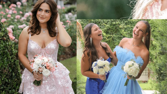 Vestidos de gala azuis para celebrações especiais Duas mulheres com vestidos de gala azuis em tons diferentes, segurando ramos de flores, a celebrar um momento especial com elegância