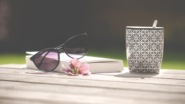 Cenário calmo com livro, óculos de sol e chávena de chá — representação visual de uma viagem literária ao ar livre.