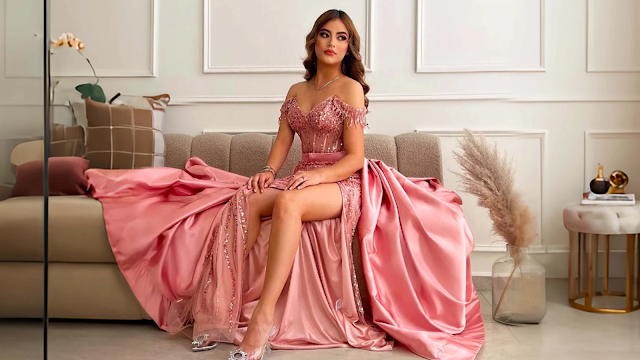 Vestido rosa elegante para baile de finalistas Jovem sentada num sofá a usar um prom dress rosa com brilho, corte elegante e saia volumosa, ideal para baile de finalistas