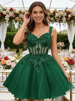 Emerald Green Floral Appliqué Homecoming Dress A smiling young woman poses in an outdoor setting with table decorations and flowers in the background, wearing a short, emerald green homecoming dress. The dress features a corset-style bodice with sheer detailing, adorned with intricate embroidered floral appliqués and a full tulle skirt.